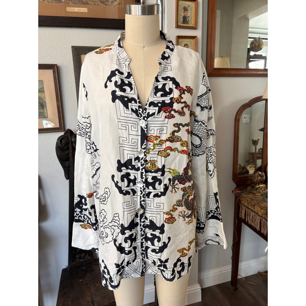 Silk Rayon Citron Santa Monica shirt blouse dragons print XL
